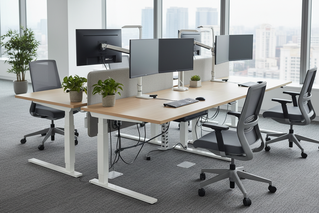 Height-adjustable desks with monitor arms and docking stations fully cabled
