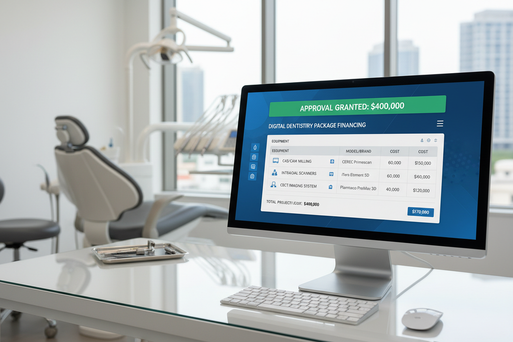 Dental suite financing portal showing $400K digital dentistry package approval