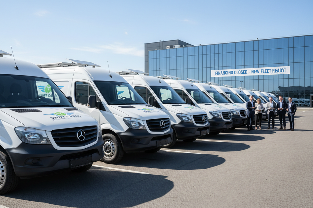 Branded delivery vans parked ready for service post-financing closing completion
