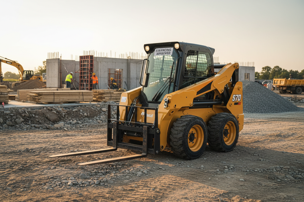 Bobcat skid-steer with forks attachment ready for material handling post-financing