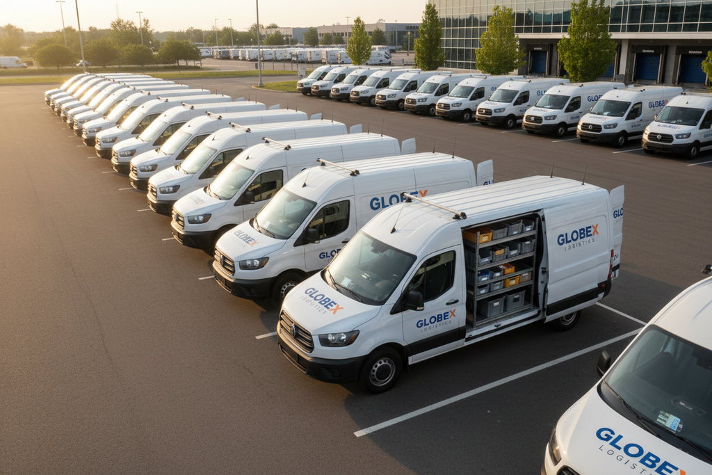 Branded delivery vans lined up with GPS telematics and shelving systems installed