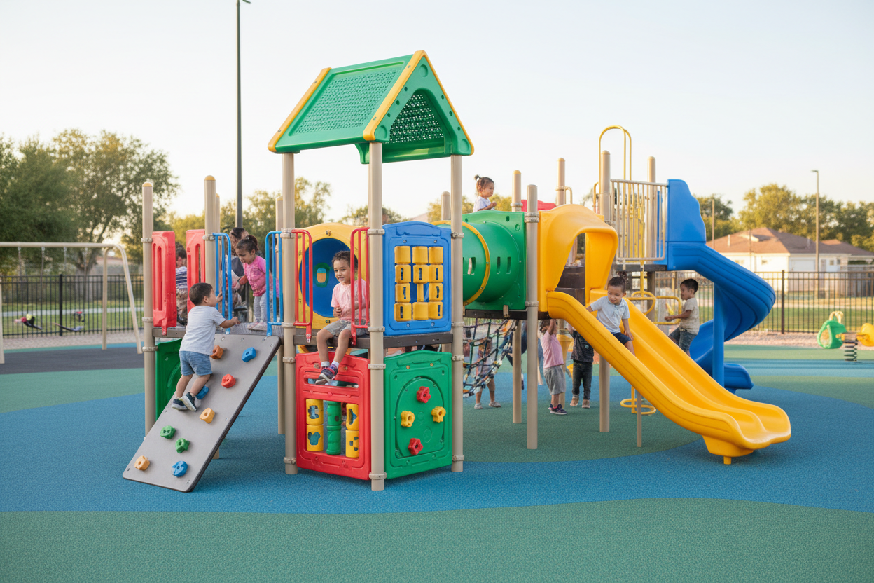 Multi-level climbing structure with 12 activity panels for toddler-preschool zones