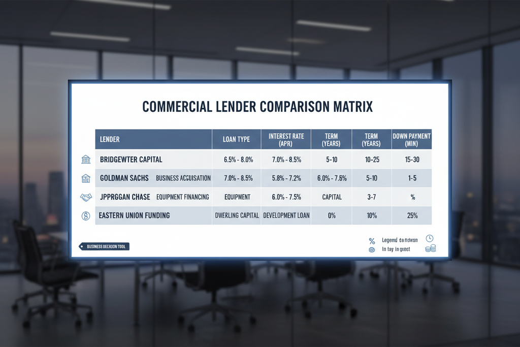 Commercial lender comparison matrix with rates, terms and down payment requirements
