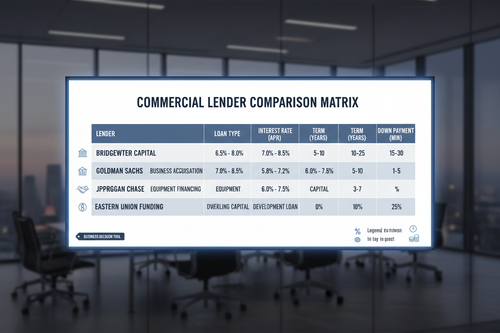 Commercial lender comparison matrix with rates, terms and down payment requirements