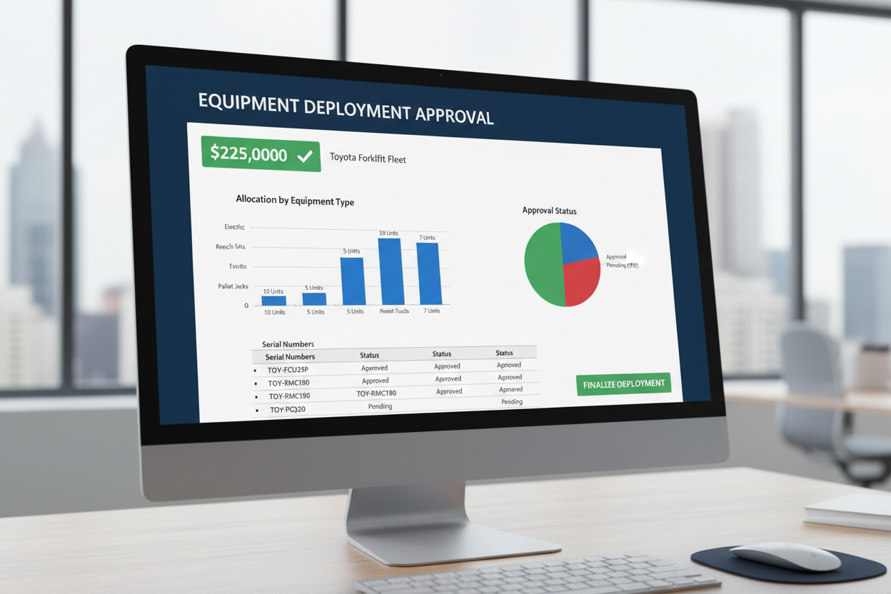 Warehouse financing dashboard approving $225K Toyota forklift fleet deployment
