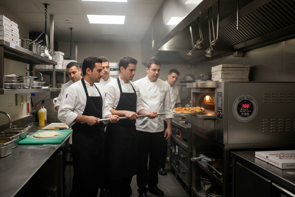 Kitchen brigade testing newly financed pizza oven reaching perfect 700°F bake temp