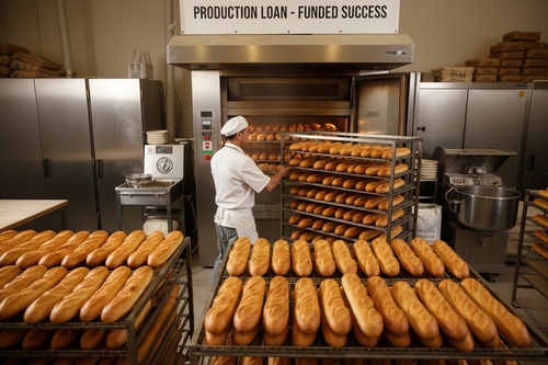 Revolving rack oven unloading perfect baguette batches funded through production loan