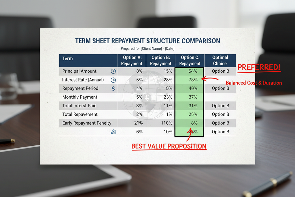 Term sheet comparison table highlighting optimal 18-month repayment structure