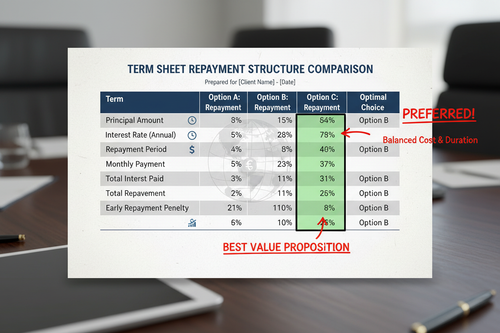 Term sheet comparison table highlighting optimal 18-month repayment structure