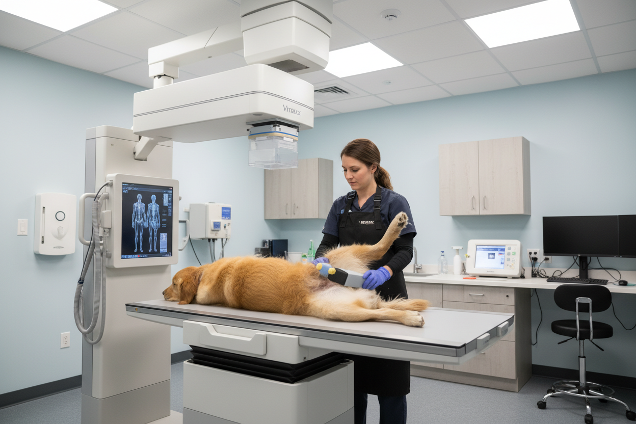 IDEXX Vtraxx table positioning Golden Retriever for orthopedic hip imaging