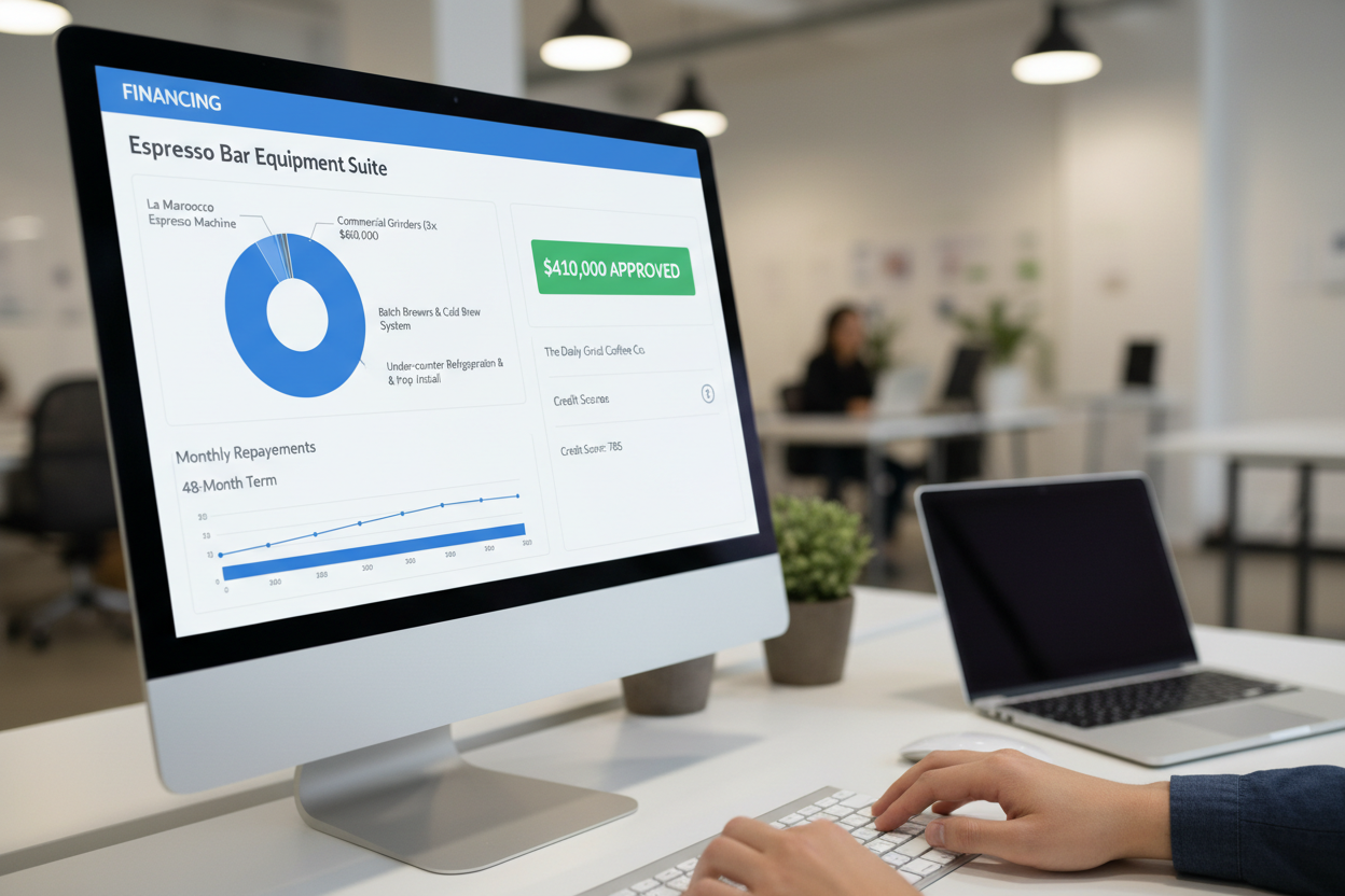 Coffee shop financing dashboard approving $410K espresso bar equipment suite