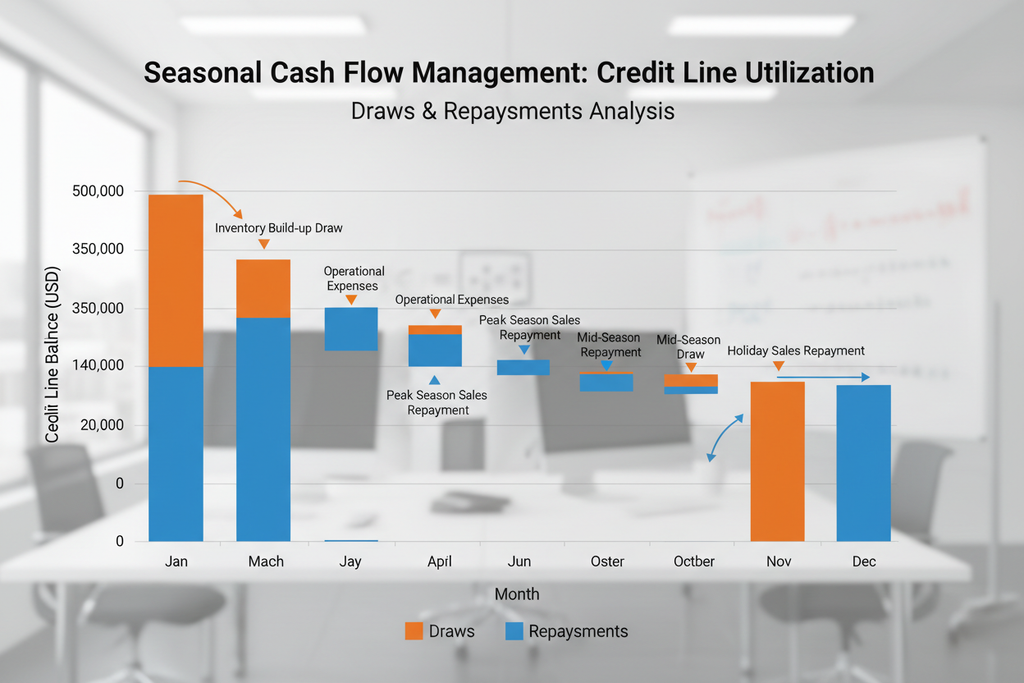Credit line usage waterfall chart demonstrating seasonal cash flow management