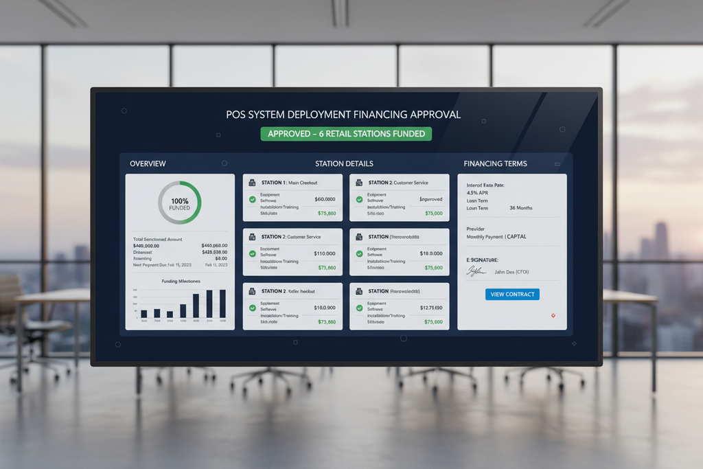 POS financing approval screen showing 6-station retail system deployment funded