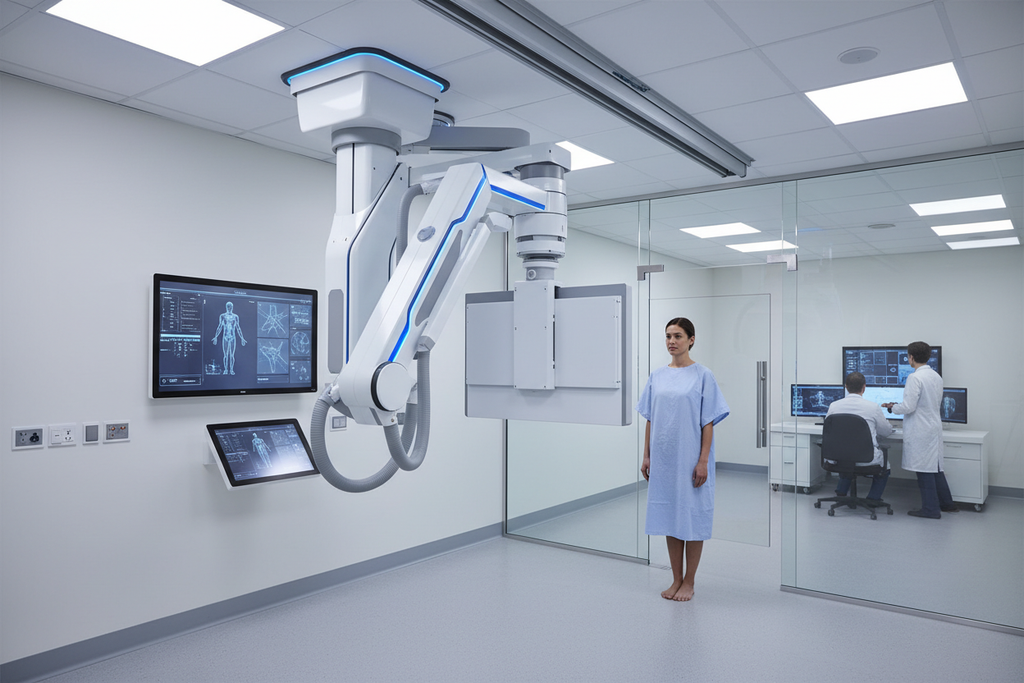New ceiling-mounted digital X-ray arm positioned for patient chest imaging