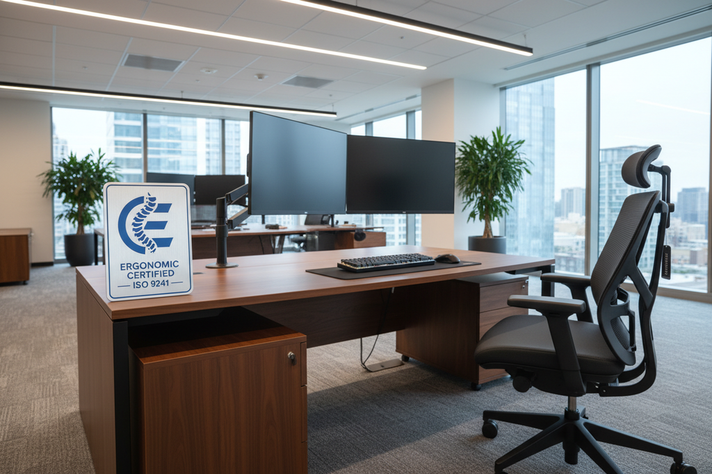 Ergonomic certification badge displayed beside newly financed executive workstation suite