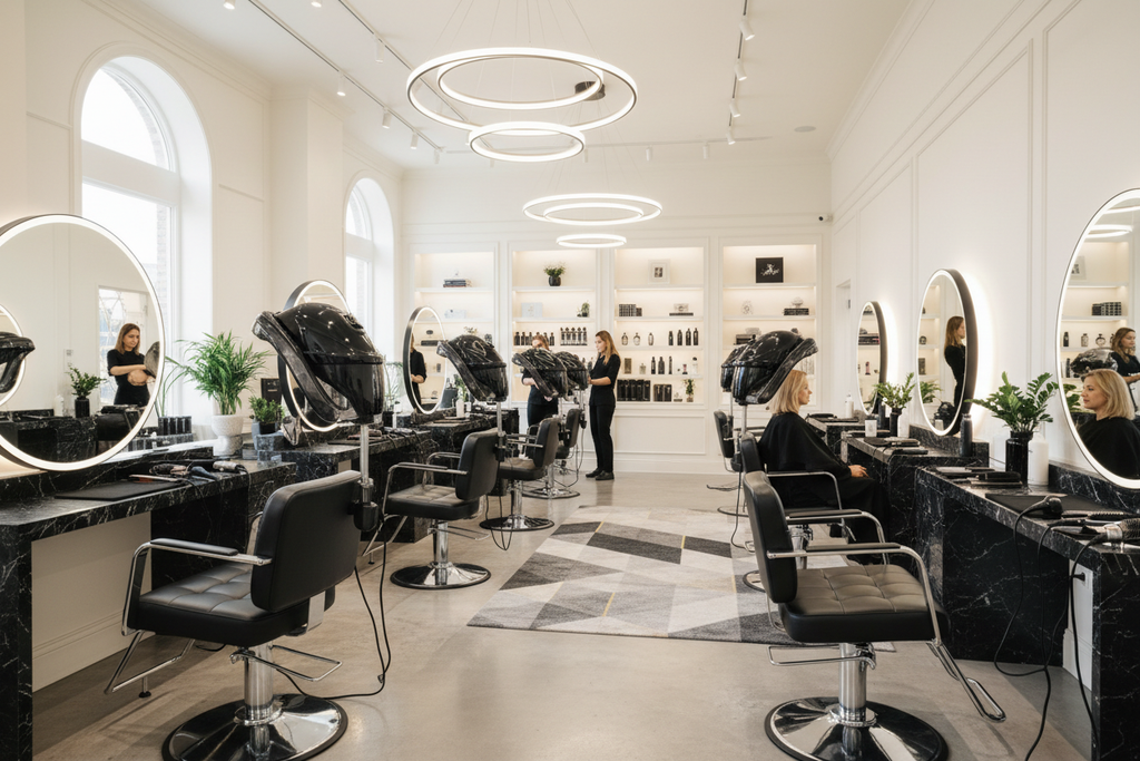 Takara Belmont stylist chairs with integrated hood dryer stations fully equipped