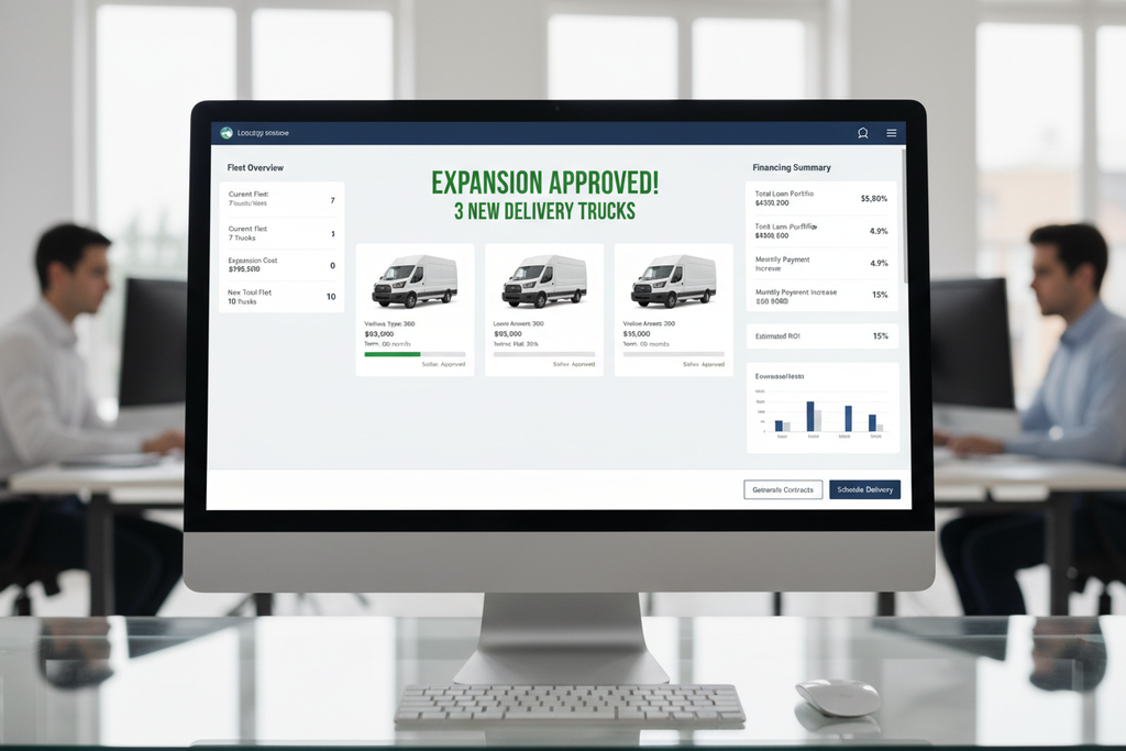 Fleet financing dashboard showing 3-truck delivery service expansion approval