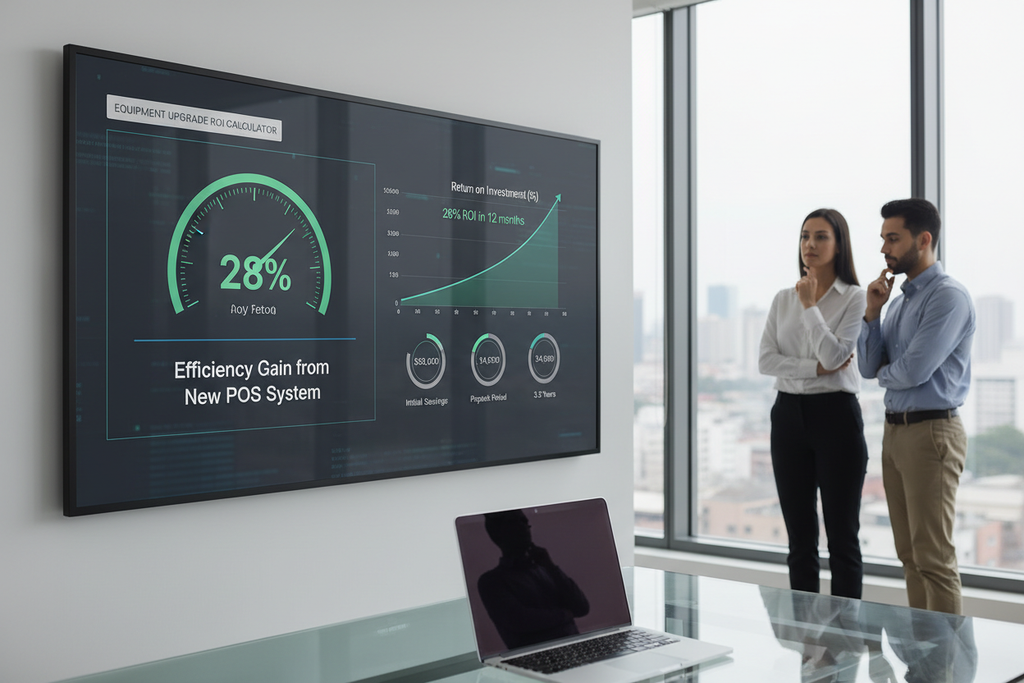 Equipment upgrade ROI calculator projecting 28% efficiency gain from new POS system