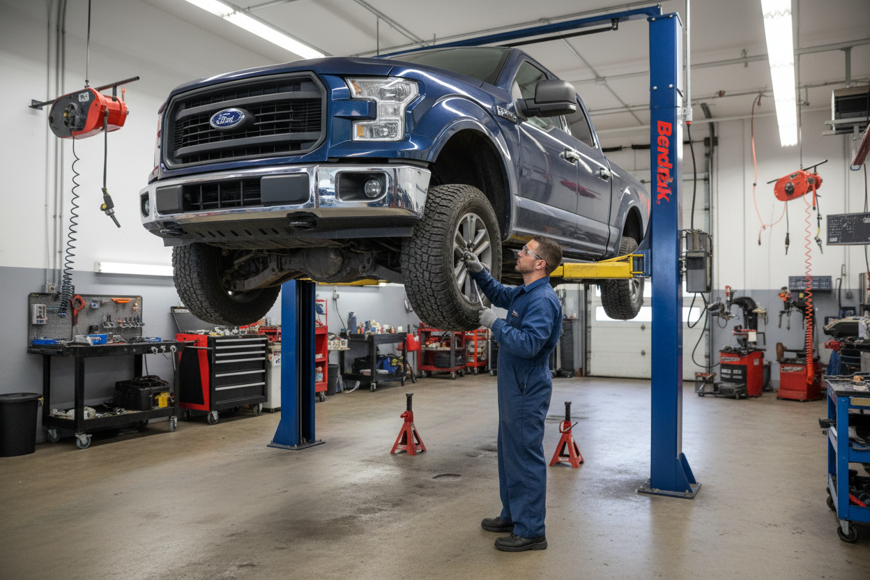 BendPak 4-post lift raising full-size pickup for undercarriage service work