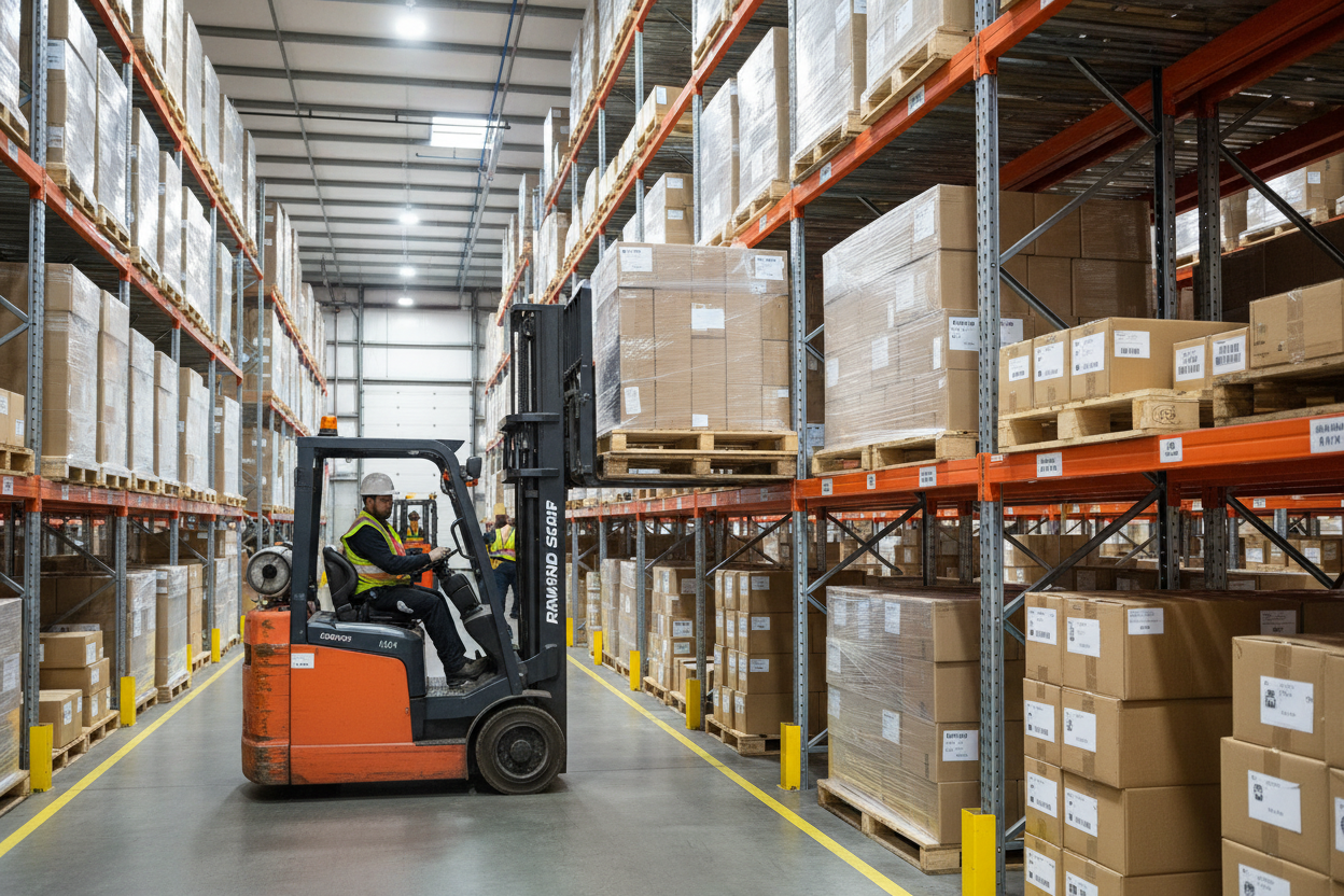 Raymond 8000lb electric forklift with side-shift attachment palletizing inventory