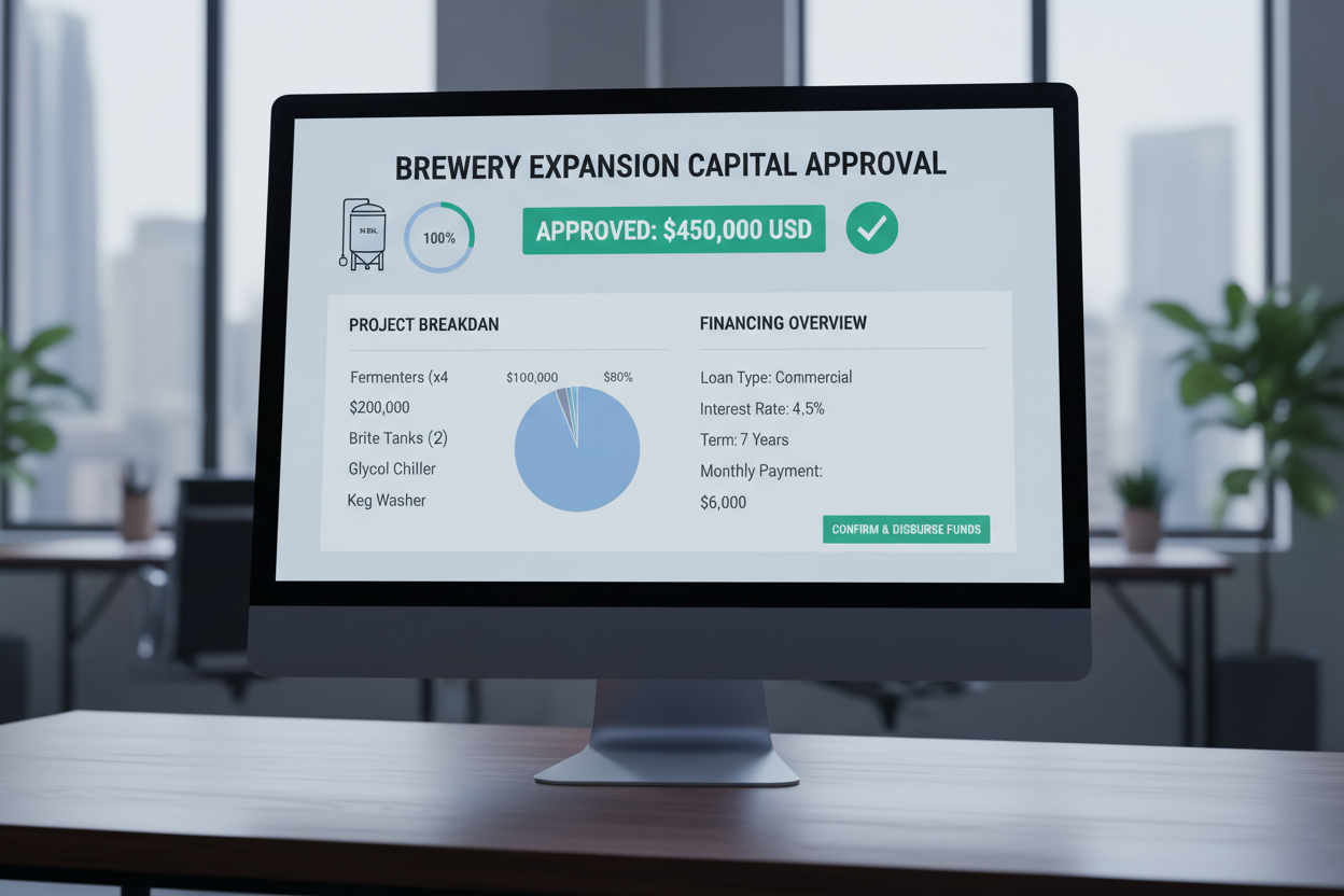Brewery financing dashboard approving $450K 10bbl fermentation expansion