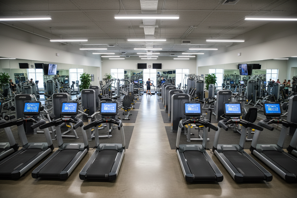 Life Fitness treadmills arrayed with Precor selectorized circuit training stations