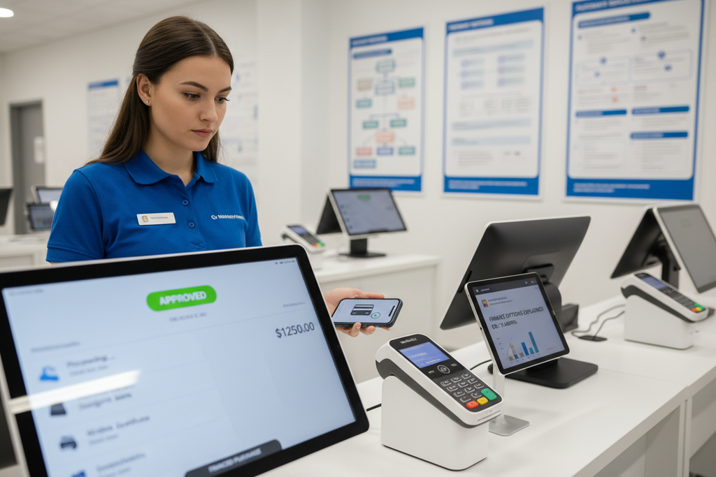 Cashier training station demonstrating financed contactless payment processing