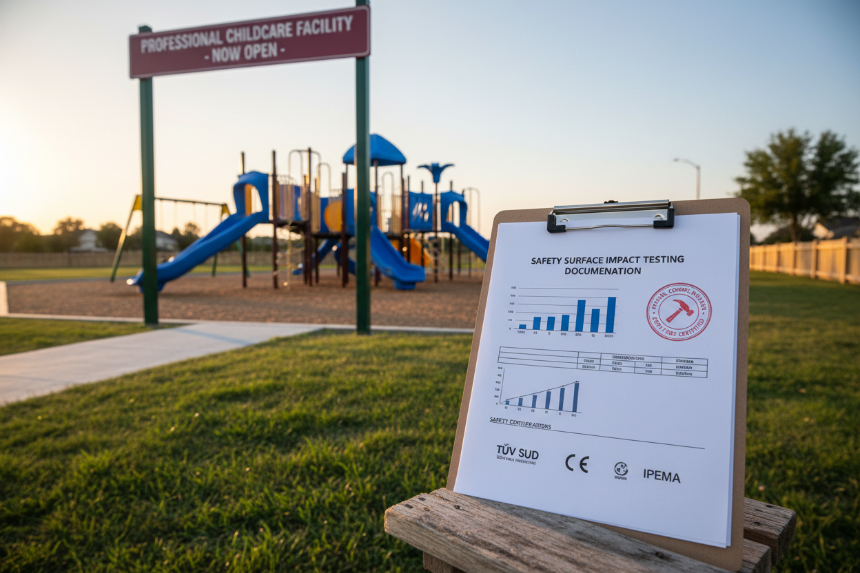 Safety surface impact testing documentation stamped beside new playground entrance