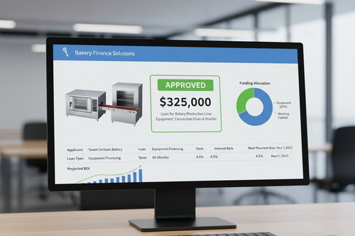Bakery financing dashboard approving $325K convection oven plus proofer production line