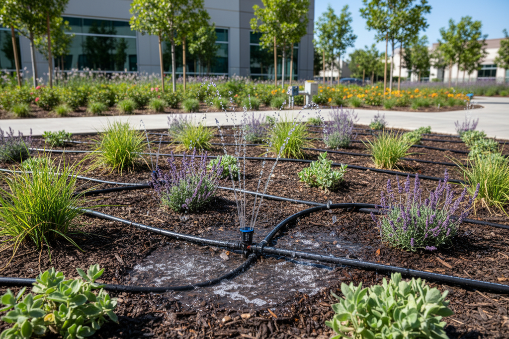 Drip irrigation delivering precise 0.6gal/hr to 2000sqft landscaped commercial beds