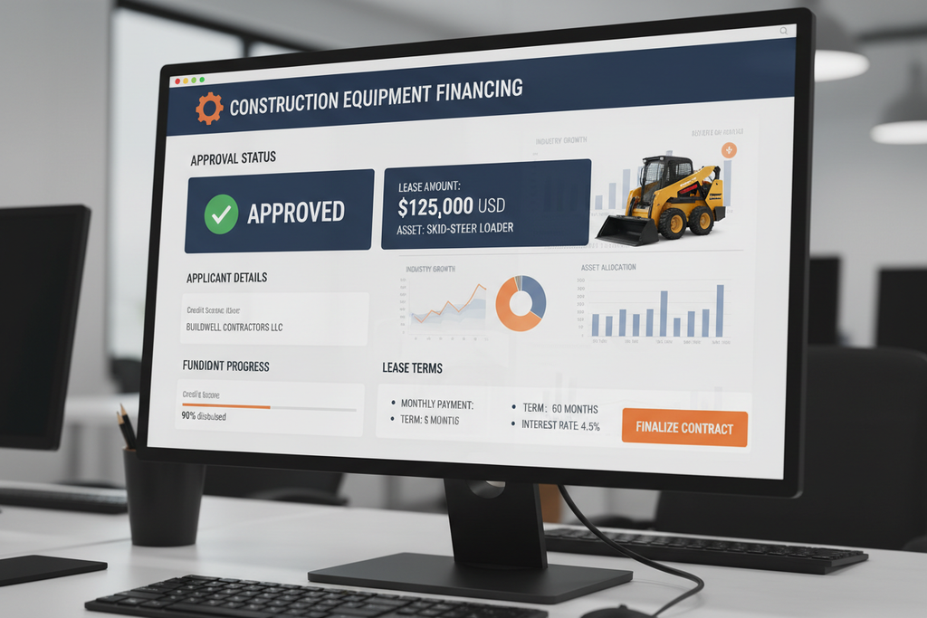 Construction equipment financing dashboard approving $125K skid-steer loader lease
