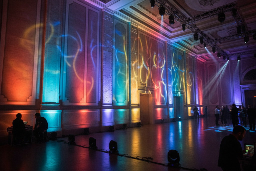 Elation Platinum Series uplights washing venue walls with 37 synchronized colors