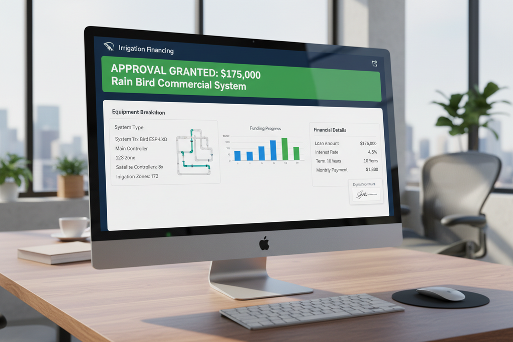 Irrigation financing dashboard showing $175K Rain Bird commercial system approval
