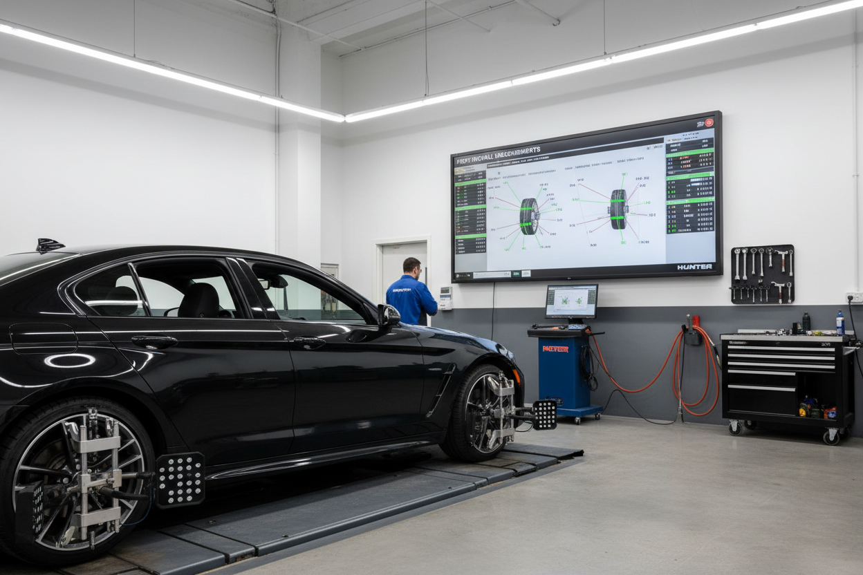 Hunter alignment rack displaying 3D wheel alignment measurements post-install