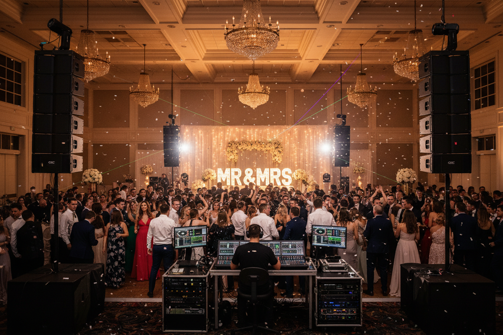 QSC K12.2 line array delivering 130dB SPL for 500-guest wedding reception