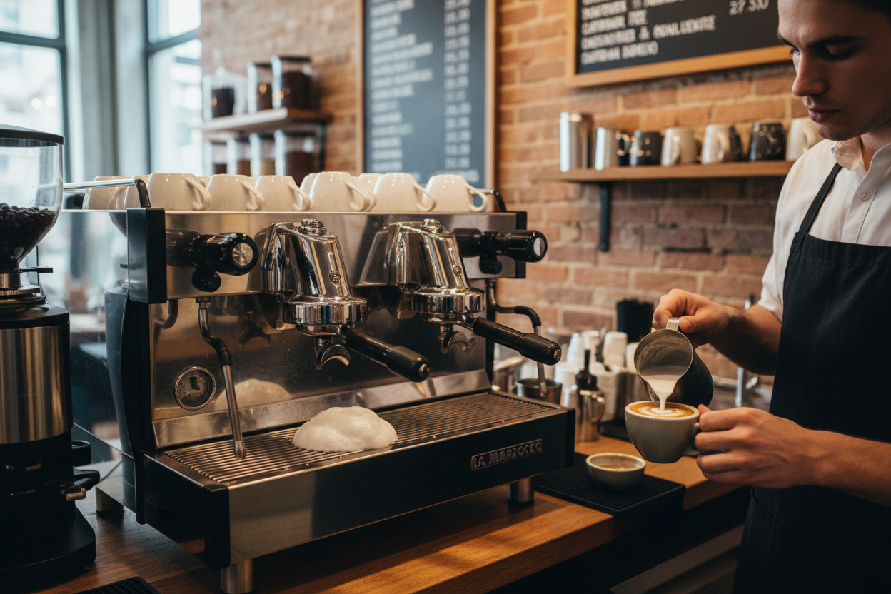 La Marzocco Linea PB 2-group steaming milk lattes with perfect microfoam texture