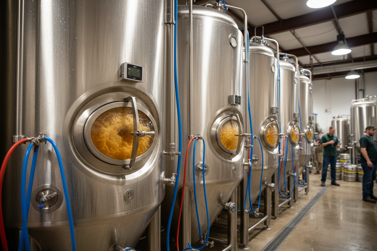 Temperature-controlled fermenters actively brewing IPA batches through sight glass