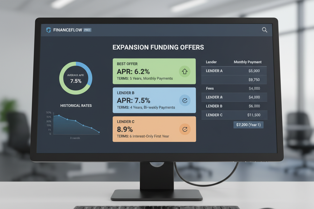 Expansion funding tracker displaying 3 lender quotes ranked by APR and terms