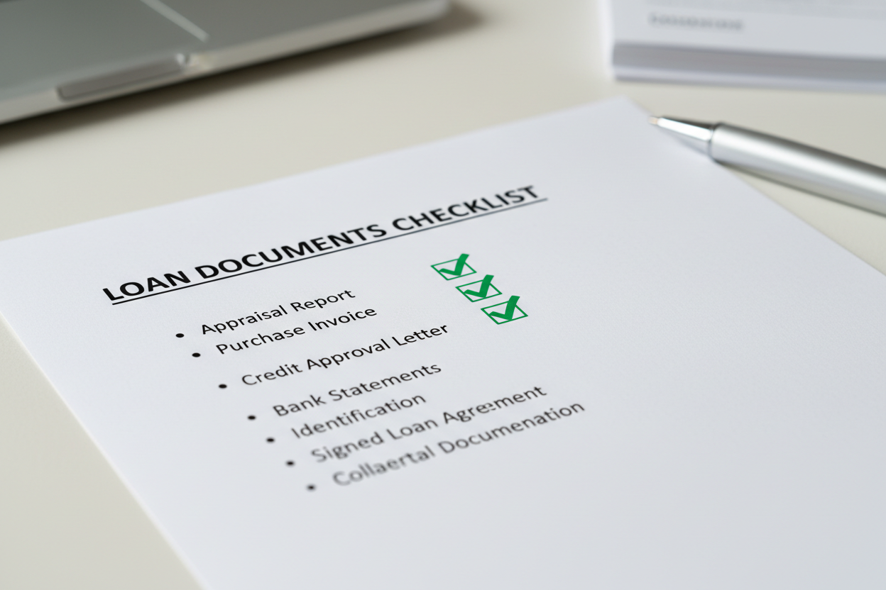 Loan documents checklist with green ticks beside appraisal, invoice and credit approval