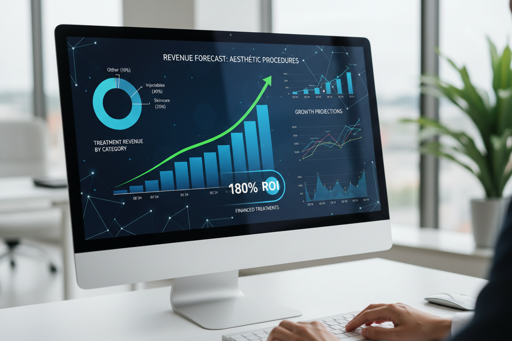 Revenue forecast chart projecting 180% ROI from financed aesthetic procedures
