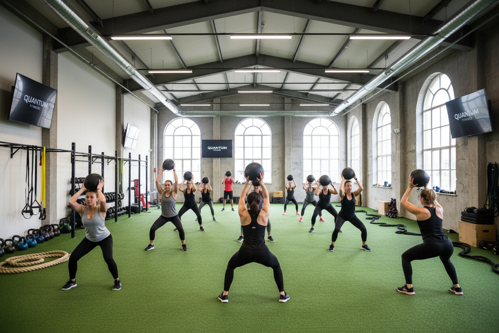 First member class using financed functional training turf area with medicine balls
