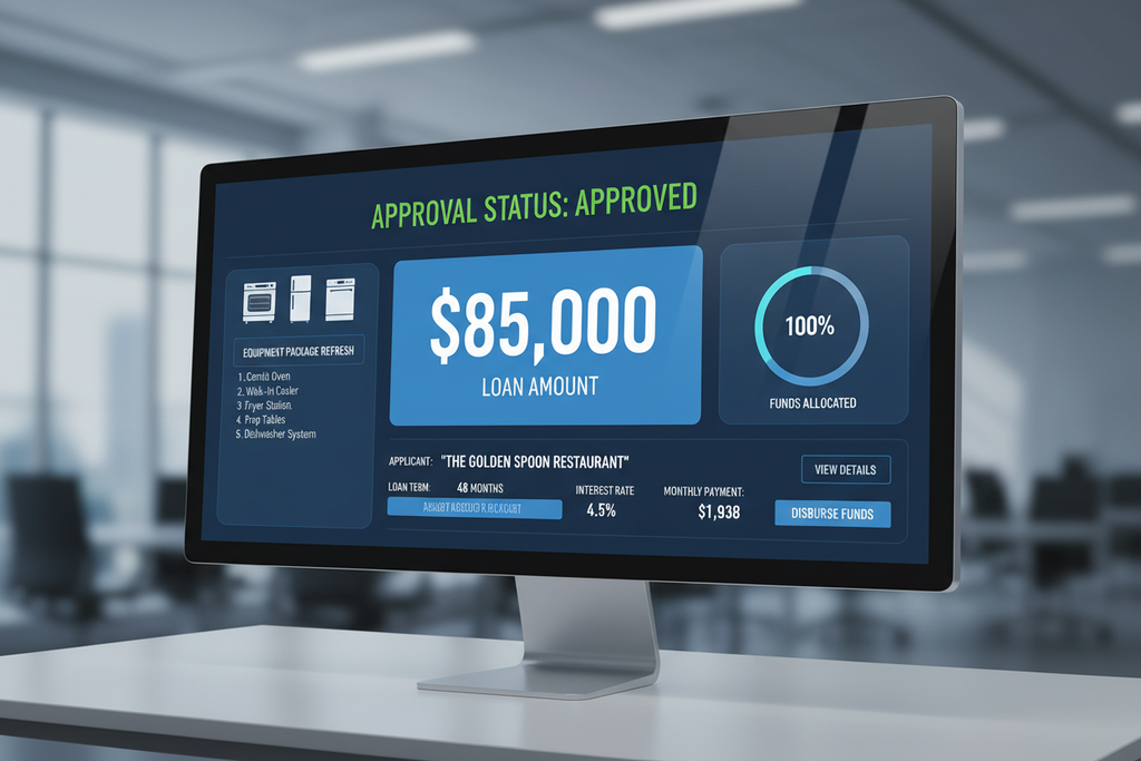 Financing dashboard approving $85K restaurant kitchen equipment refresh package