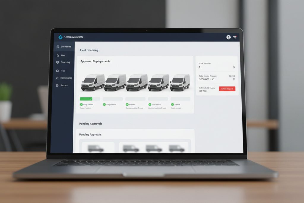 Fleet financing portal showing 5 Ford Transit cargo vans fully funded deployment