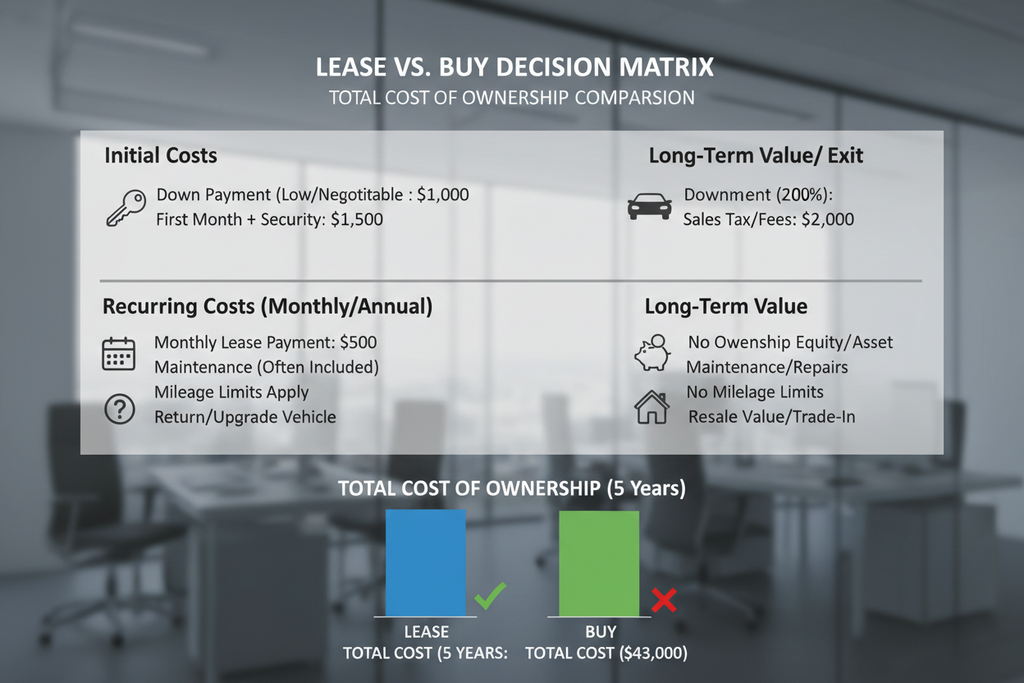 Lease vs buy decision matrix comparing total cost of ownership scenarios visually