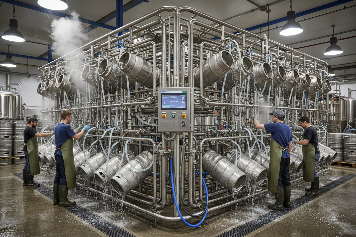 Keg washing station processing 50 half-barrels simultaneously post-expansion
