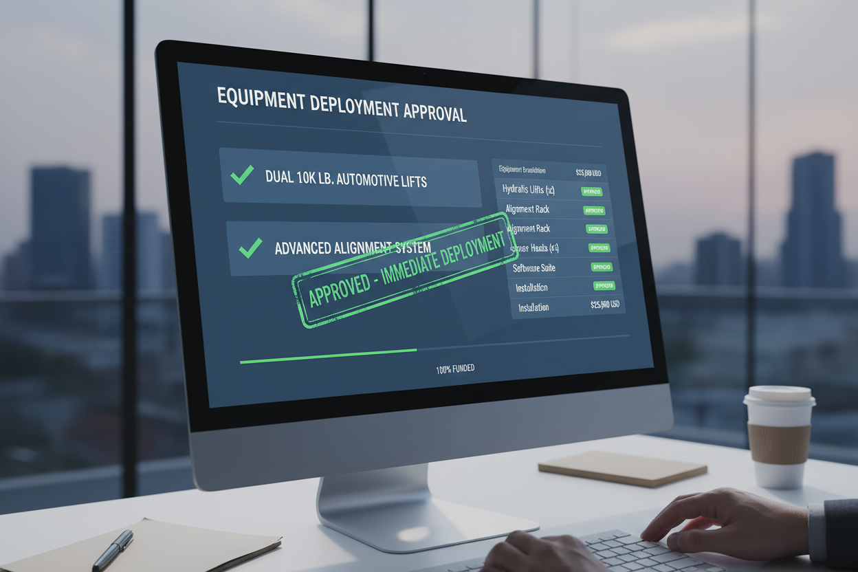 Garage financing dashboard approving dual 10K lift and alignment system deployment