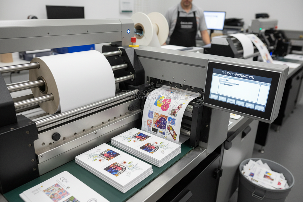 Inline cutter/creaser producing perfect 5x7 cards from financed digital workflow